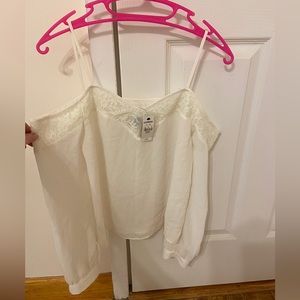 EXPRESS White Open Shoulder Blouse Top Lace Detail XS NWT